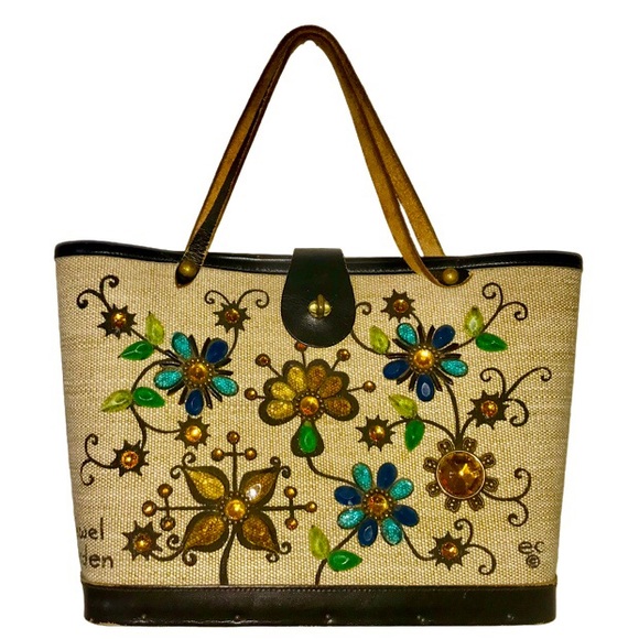 Enid Collins Handbags - SOLD - Vintage 1960s Signed Enid Collins Canvas Bucket Bag | Jewel Garden